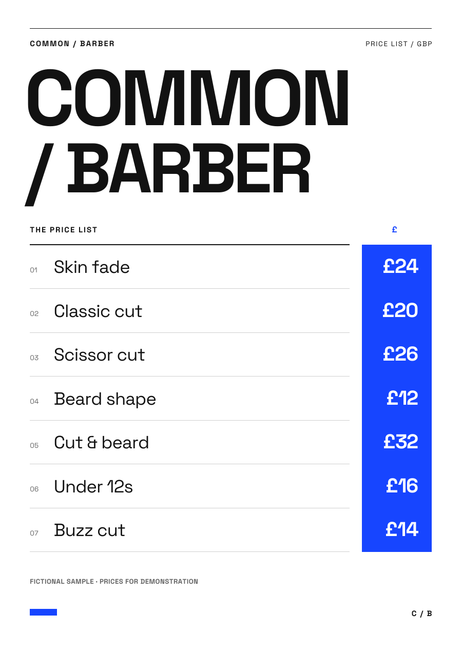 Fictional COMMON BARBER price list with clear service names and a blue price column. Demonstration prices only.